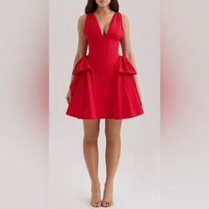 NWT House of CB Amalia Bow Side Stretch Cotton Red V neck Minidress SZ XL